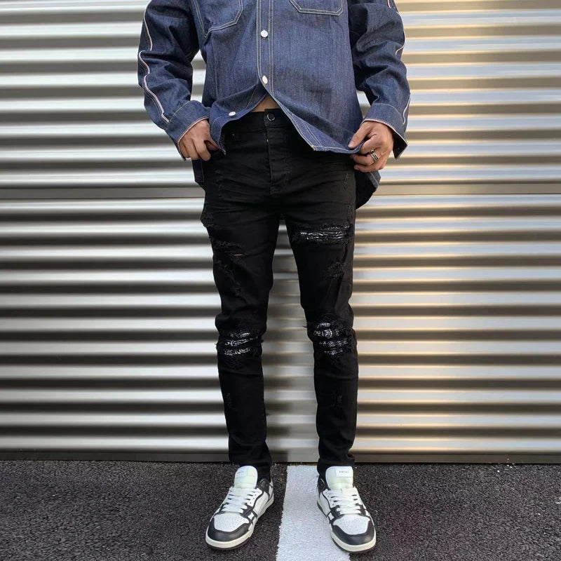 High Street Fashion Men Jeans Black Elastic Stretch Skinny Ripped Jeans Men Paisley Patched Designer Hip Hop Brand Pants Hombre